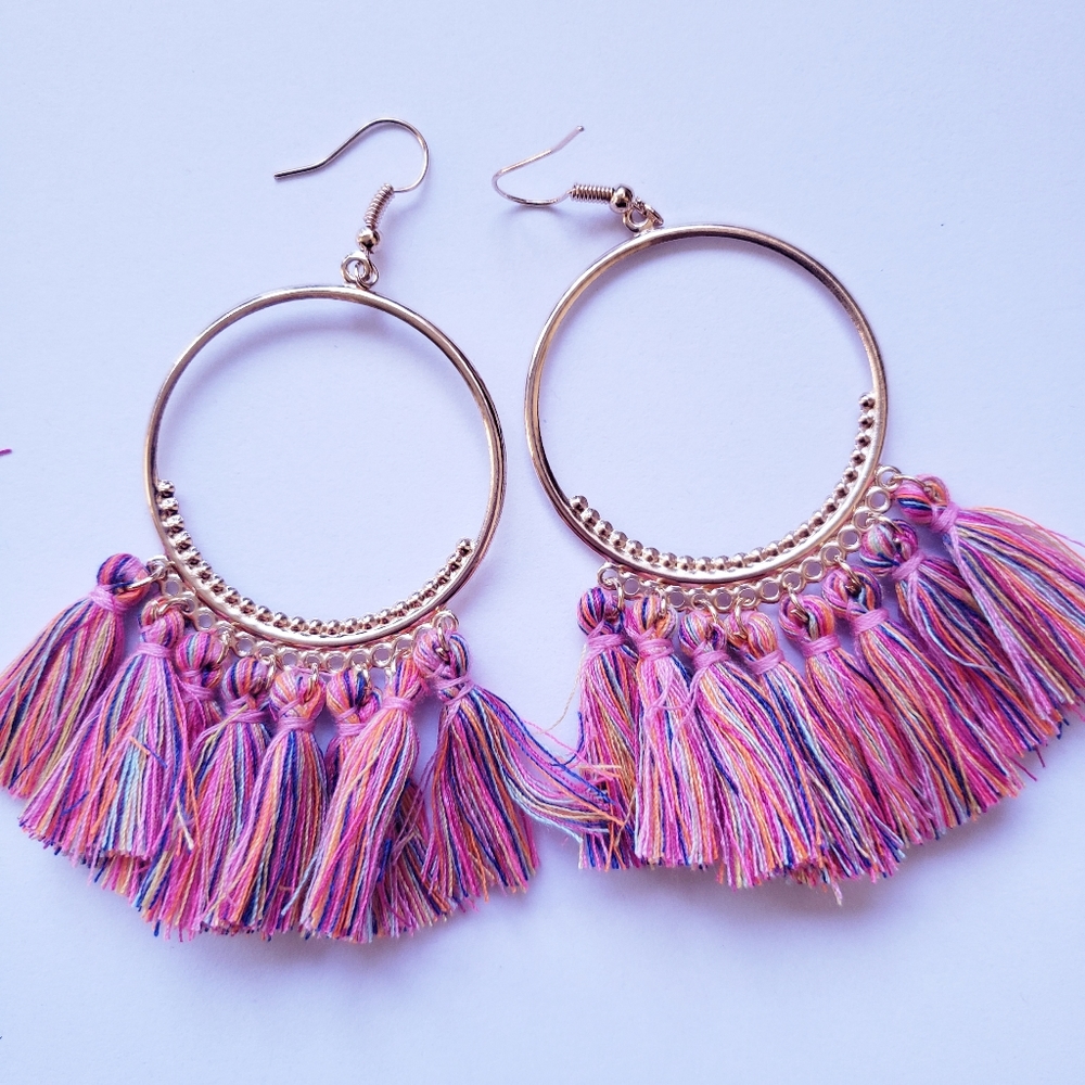 Multi Colored Tassel Boho Hoop Earrings